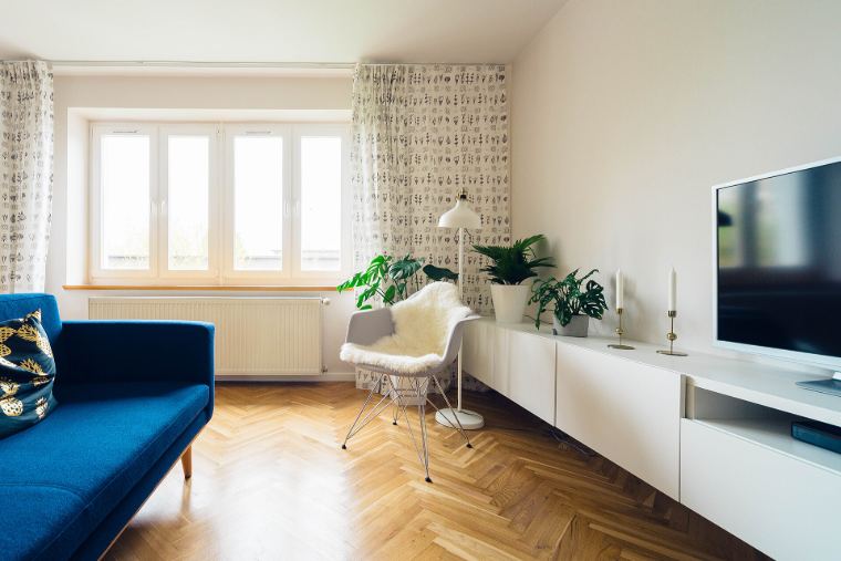 A bright living room with a blue sofa and wooden floor